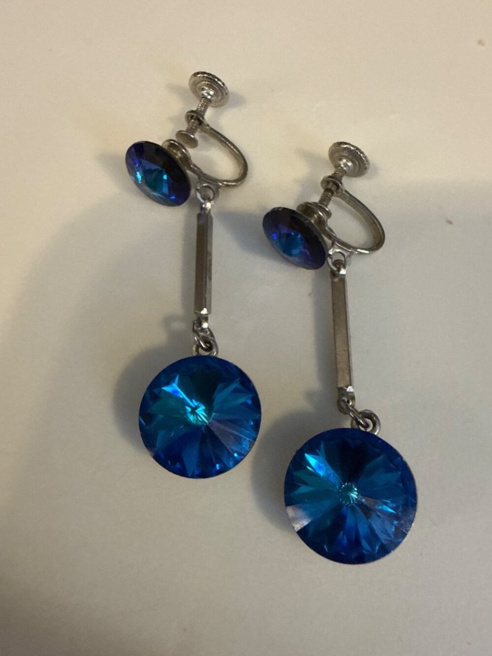 Vintage Weiss Blue Rivoli Rhinestone Dangle Drop Earrings Signed Screw Back 2.5”